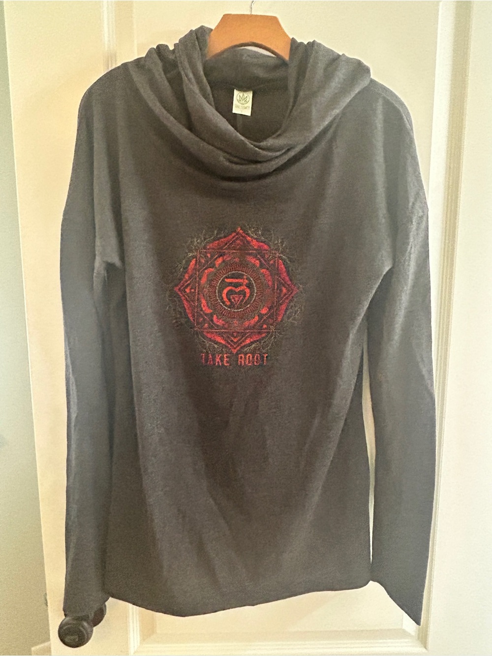 Soul Flower Gray Cowl Neck long sleeve top with Red Chakra Graphic - yoga - L